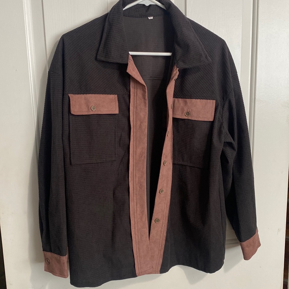 Gray Corduroy Shacket with pink trim